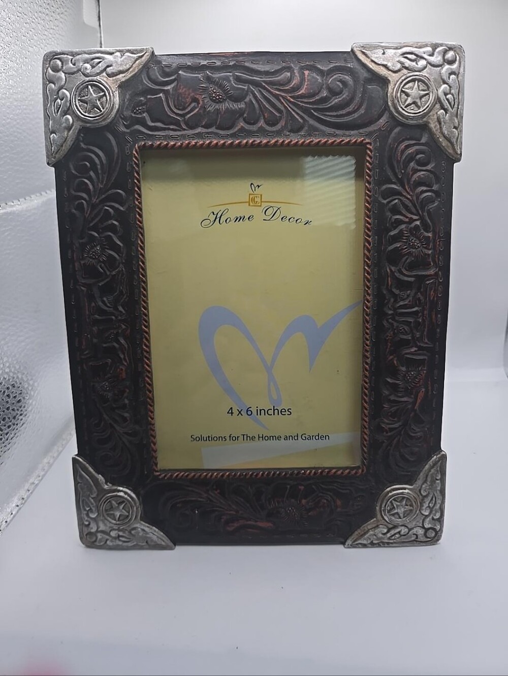 Western Rustic 4x6 Picture Frame Silver Star Corners Floral Tooled Look